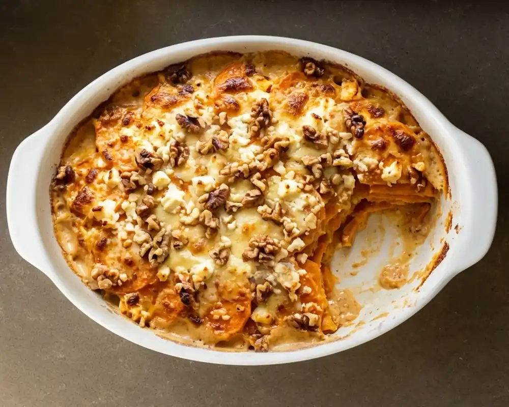 Goldbraunes Süßkartoffel-Gratin mit Feta und Walnüssen