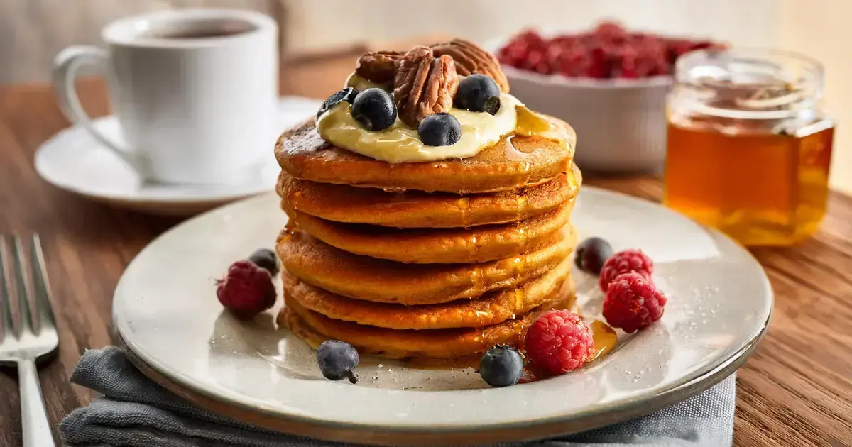 Gestapelte Süßkartoffel-Pancakes mit Mandelmus und Beeren auf einem Teller