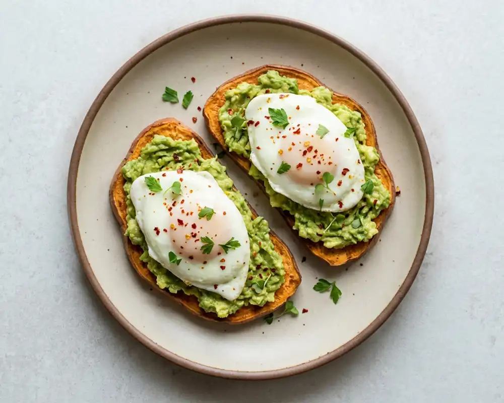 Süßkartoffel-Toast mit Avocado und Ei von oben angerichtet