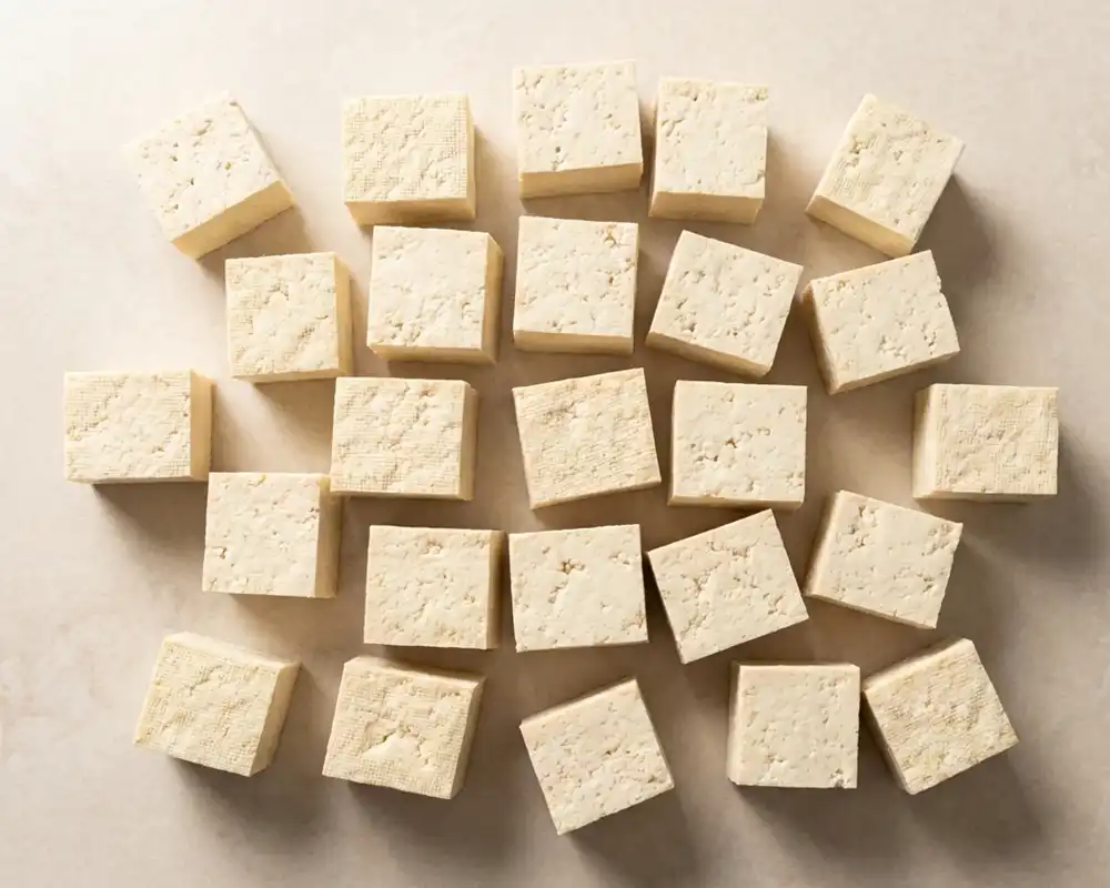 Tofu vorbereiten und in Würfel geschnitten auf hellem Steinuntergrund im Fitnessküche Stil