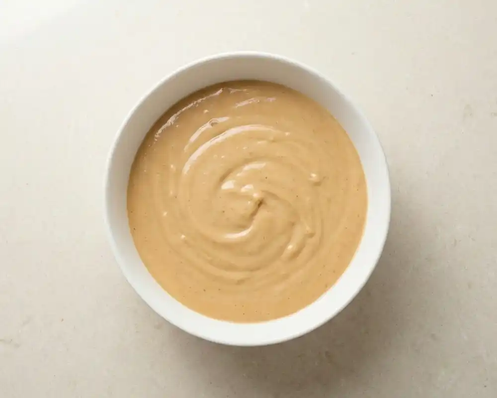 Cremiges Erdnuss Dressing in weißer Schüssel von oben im Fitnessküche Stil