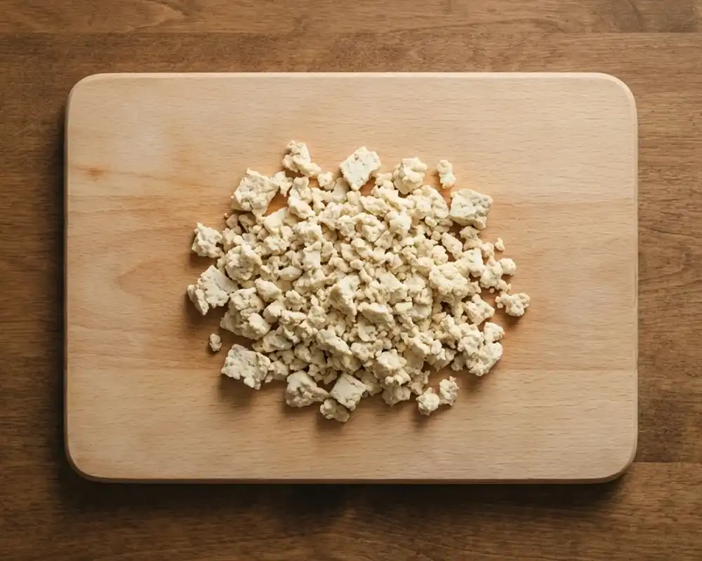 Zerbröselter Tofu auf Holzbrett für veganes Tofu-Scramble