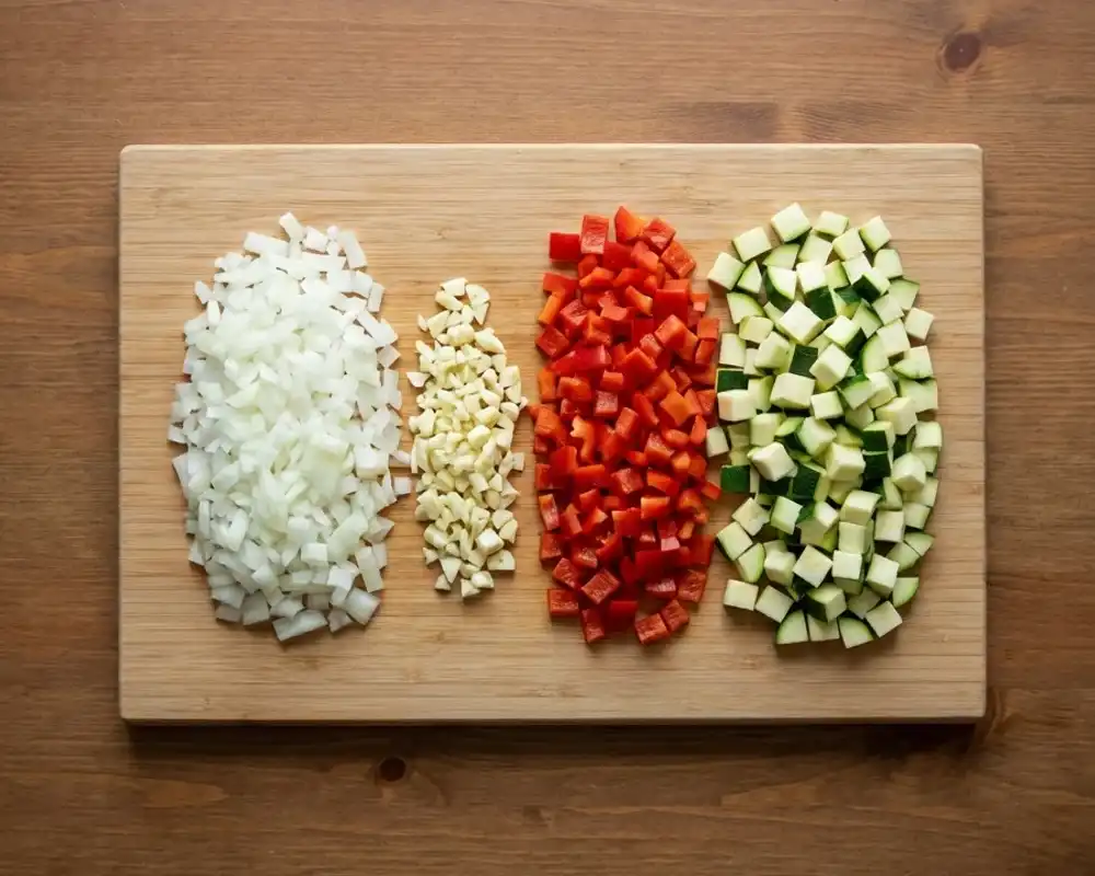Fein gewürfeltes Gemüse für Tofu-Scramble auf Schneidebrett
