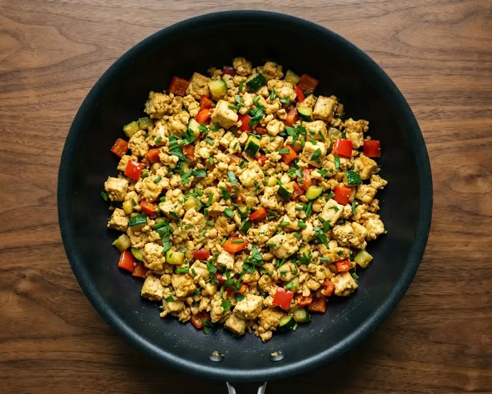 Fertiges veganes Tofu-Scramble mit frischen Kräutern
