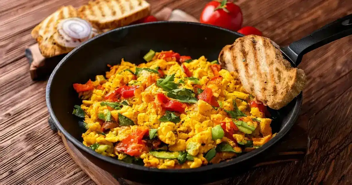 Ölfreies Tofu-Gemüse-Scramble mit frischen Kräutern in einer beschichteten Pfanne, serviert mit Vollkornbrot.