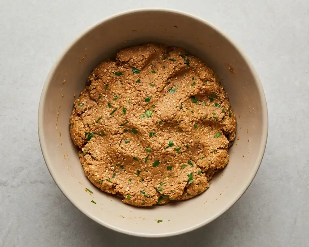 Fertig vermengte Tofu-Köfte-Masse mit Petersilie in einer Schüssel von oben