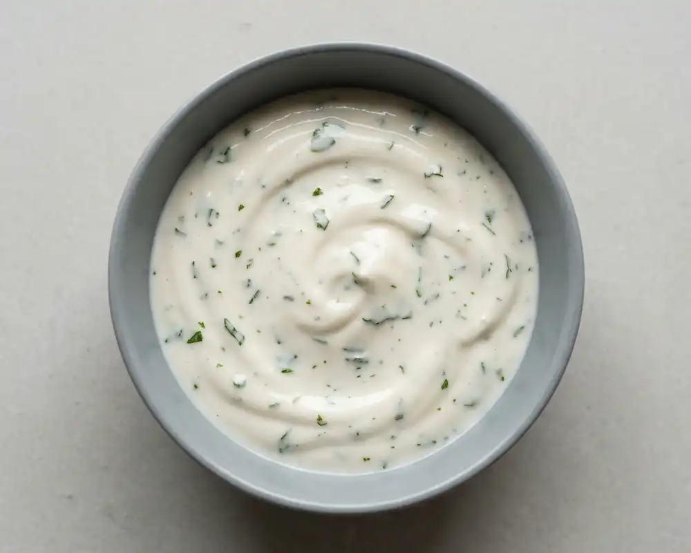 Cremiger veganer Joghurtdip mit Minze in grauer Schale von oben