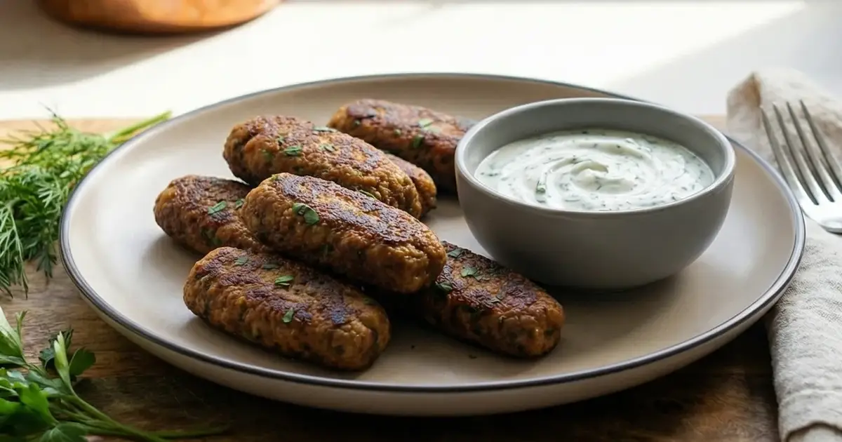 Knusprige Tofu-Köfte mit Sumach und Joghurtsauce, serviert mit Minze und Granatapfelkernen.
