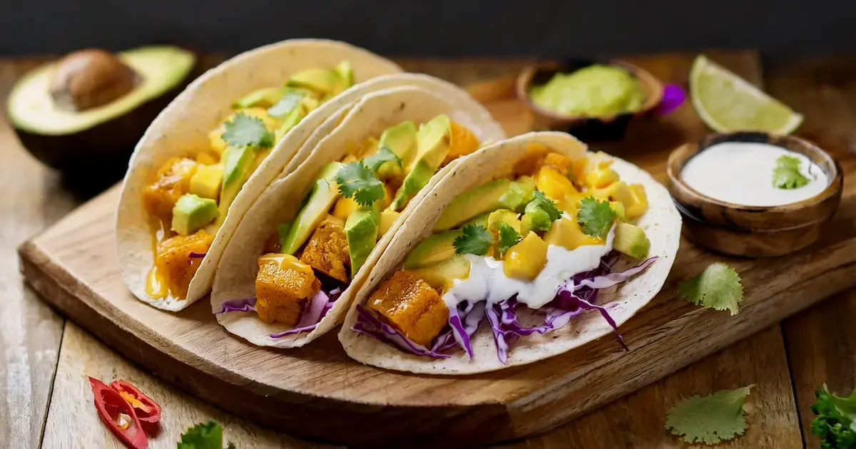 Tofu-Tikka-Tacos mit Mango-Salsa und Kokos-Joghurt auf einem Holzbrett serviert