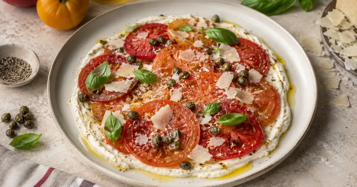 High Protein Tomato Tonnato mit cremiger Skyr-Tonnato-Sauce, frischen Tomaten, knusprigen Kapern und gehobeltem Parmesan.