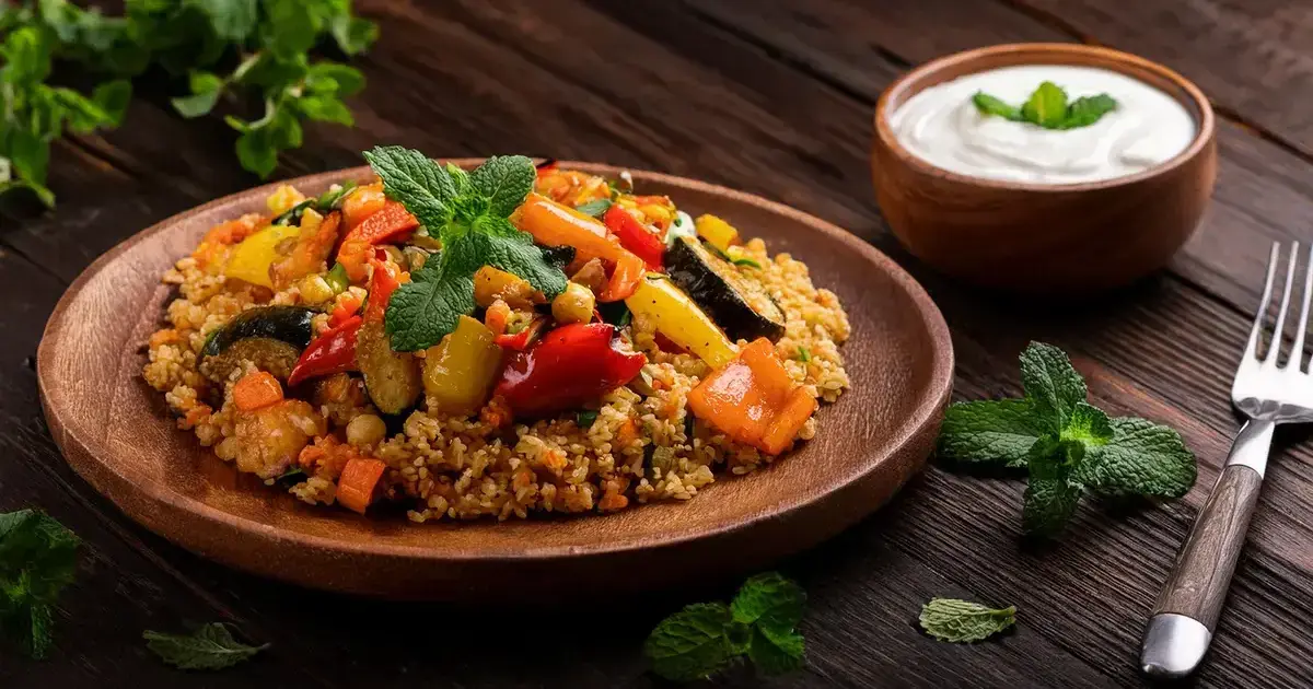 Türkische Gemüsepfanne mit Bulgur und Joghurt-Dip auf einem Teller serviert, dekoriert mit frischer Minze.