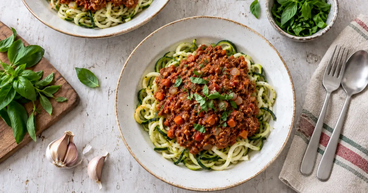 Vegane Zoodle-Bolognese mit Zucchini-Nudeln, würziger Tomatensauce und krümeligem Sonnenblumenhack auf einem Keramikteller.