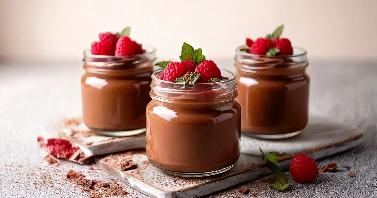 Veganes Protein-Schoko-Mousse mit Seidentofu und Beeren in einem Dessertglas