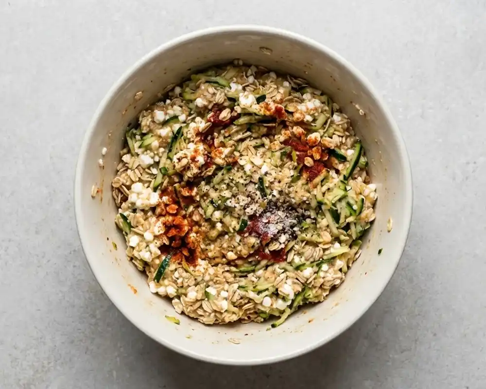 Zucchini Hüttenkäse Masse mit Haferflocken und Ei in Schüssel