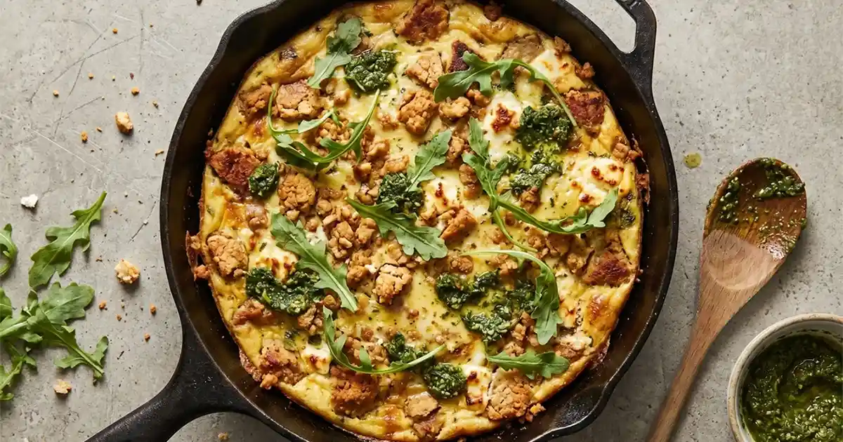 Vegetarische Frittata mit gebräuntem Protein-Crumble und Rucolapesto