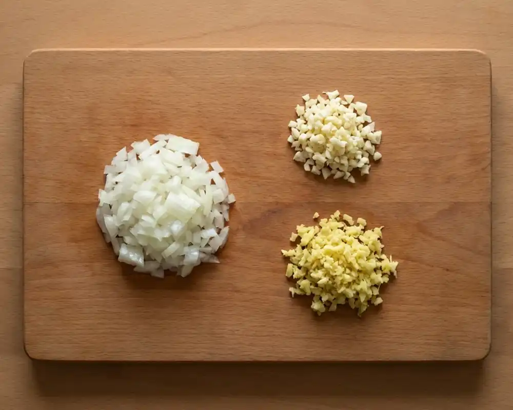 Fein gehackte Zwiebel sowie geriebener Knoblauch und Ingwer auf Schneidebrett von oben