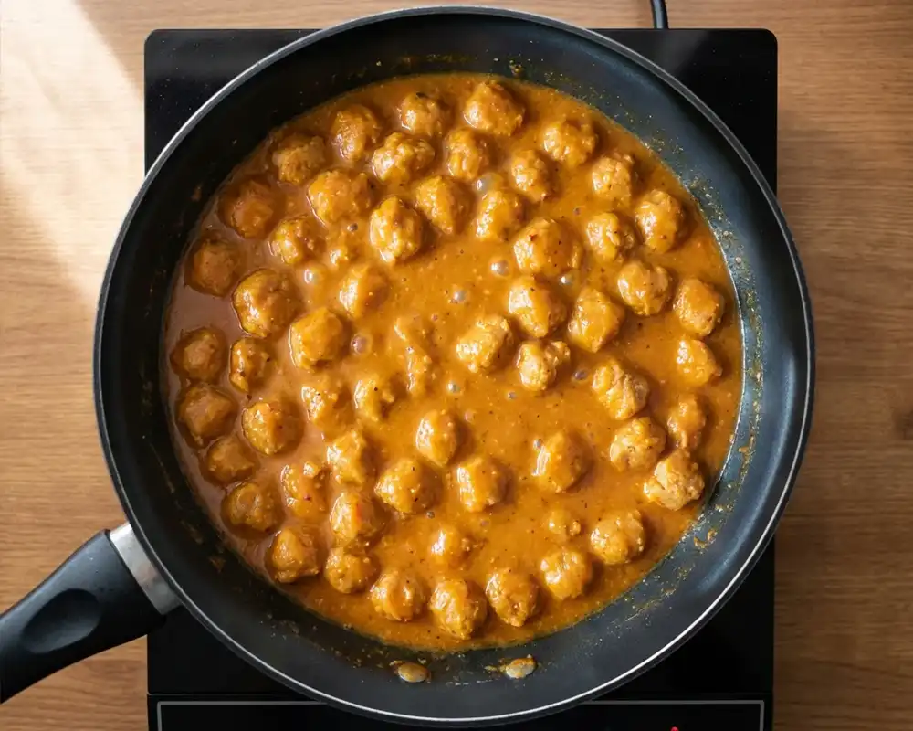 Mariniertes Sojageschnetzeltes in cremiger Tomaten-Kokos-Sauce in dunkler Pfanne von oben