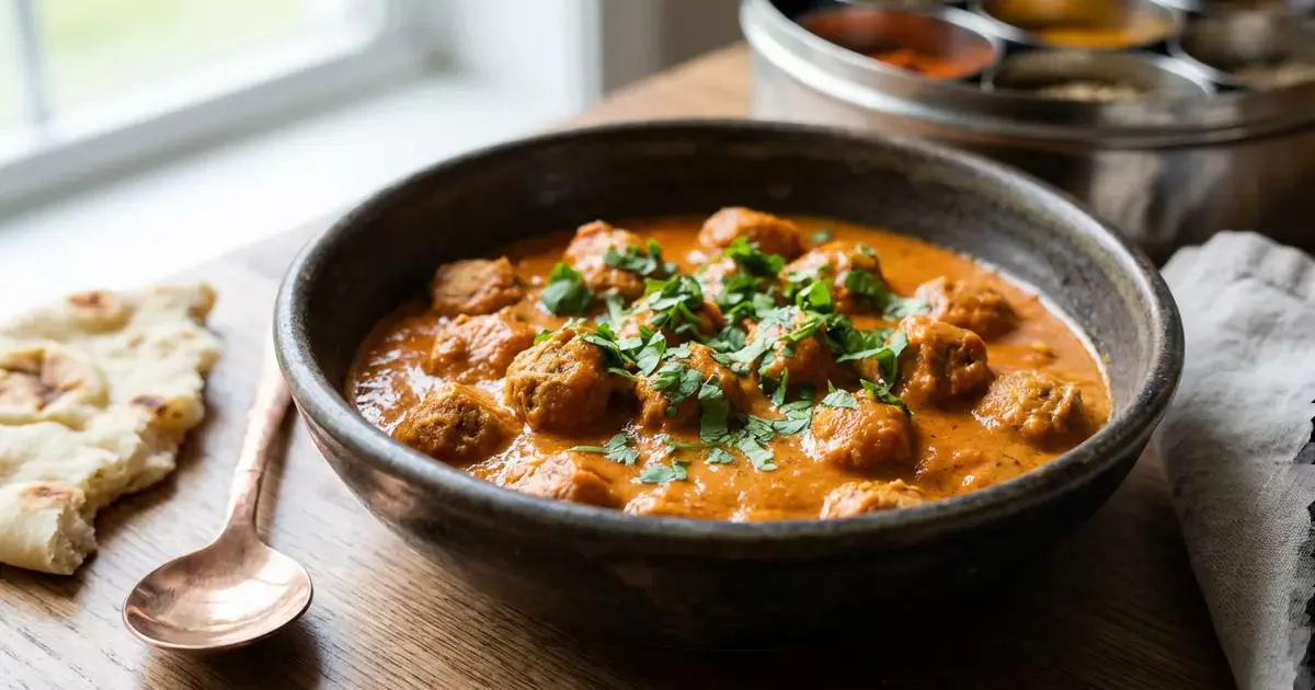 Vegetarisches High Protein Butter Chicken mit Sojageschnetzeltem und cremiger Tomatensauce