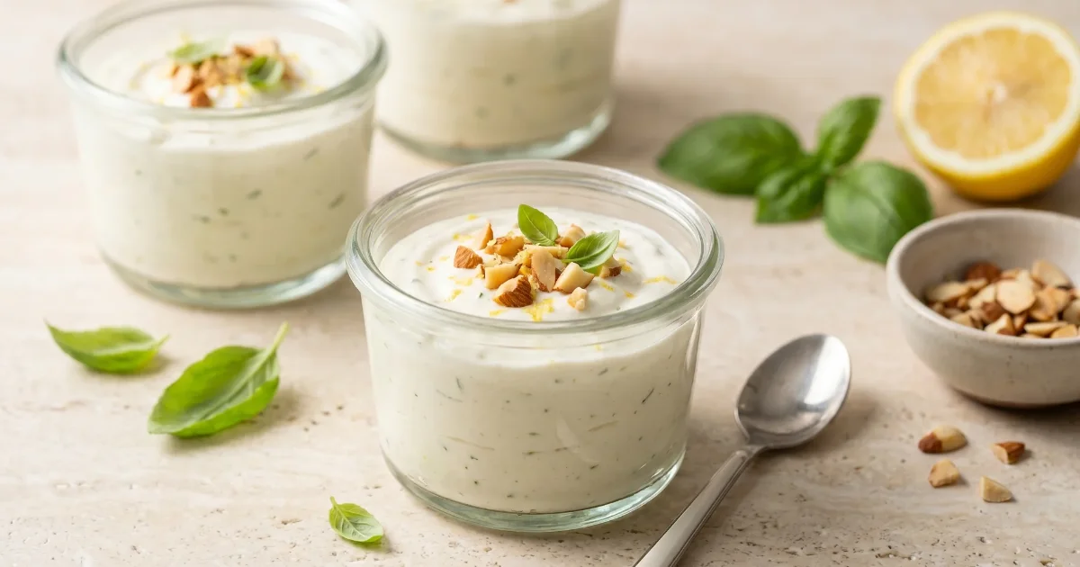 Zitronen-Basilikum-Cheesecake-Creme mit Ricotta und Skyr im Glas, getoppt mit knusprigem Mandel-Crunch und frischem Basilikum.