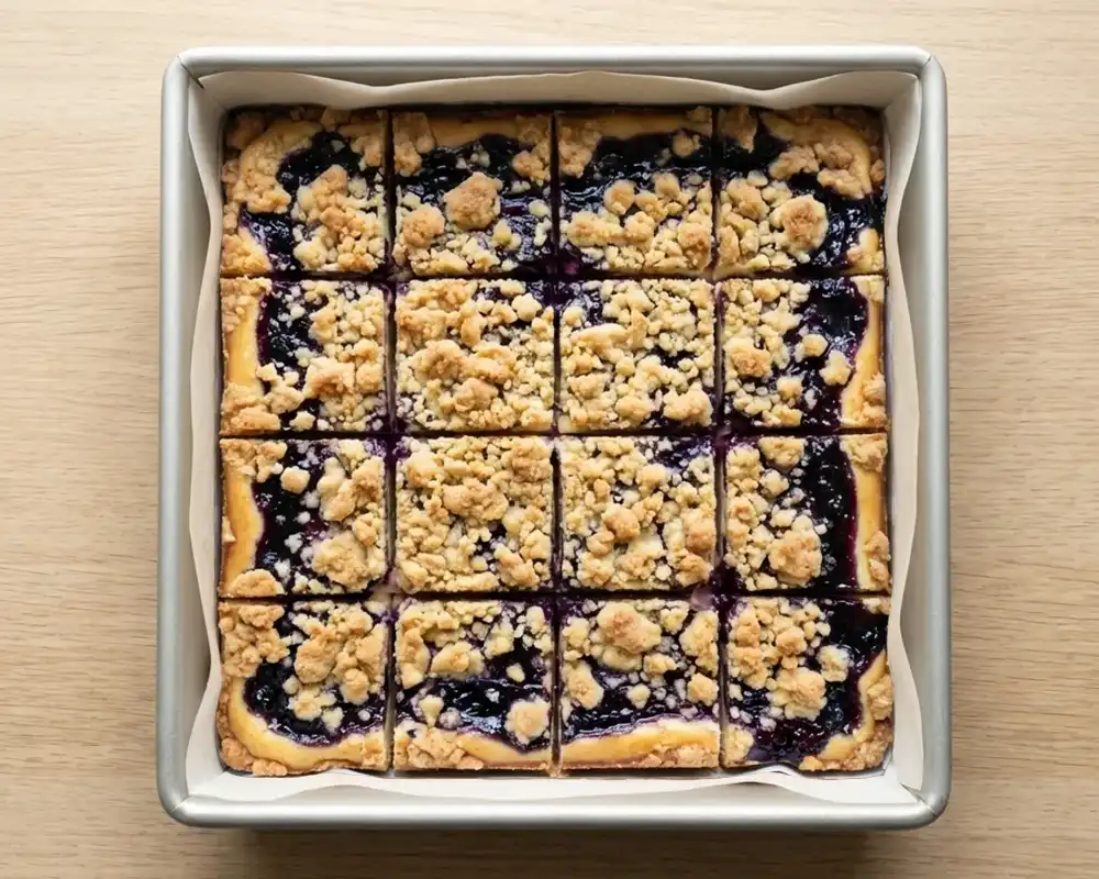 Fertig gebackene Low Carb Zitronen-Heidelbeer Cheesecake Bars in Stücke geschnitten