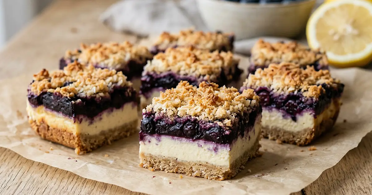 Zitronen Heidelbeer Cheesecake Bars mit Mandelboden und Kokosstreuseln