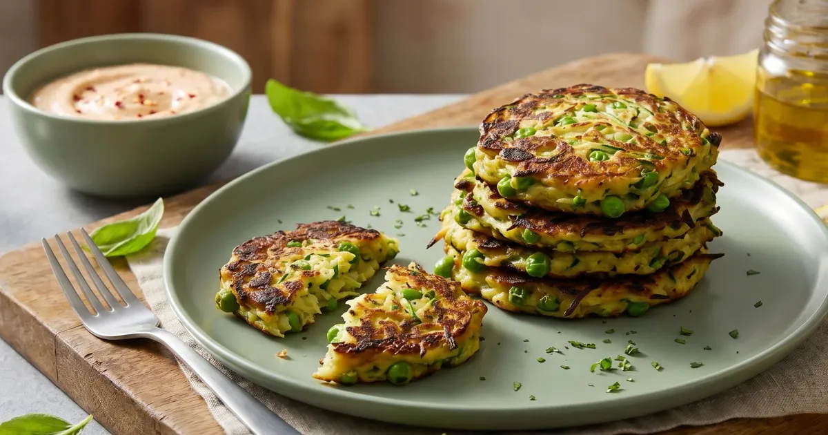 Knusprige Zucchini-Erbsen-Puffer mit cremigem Chili-Quark auf hellem Teller