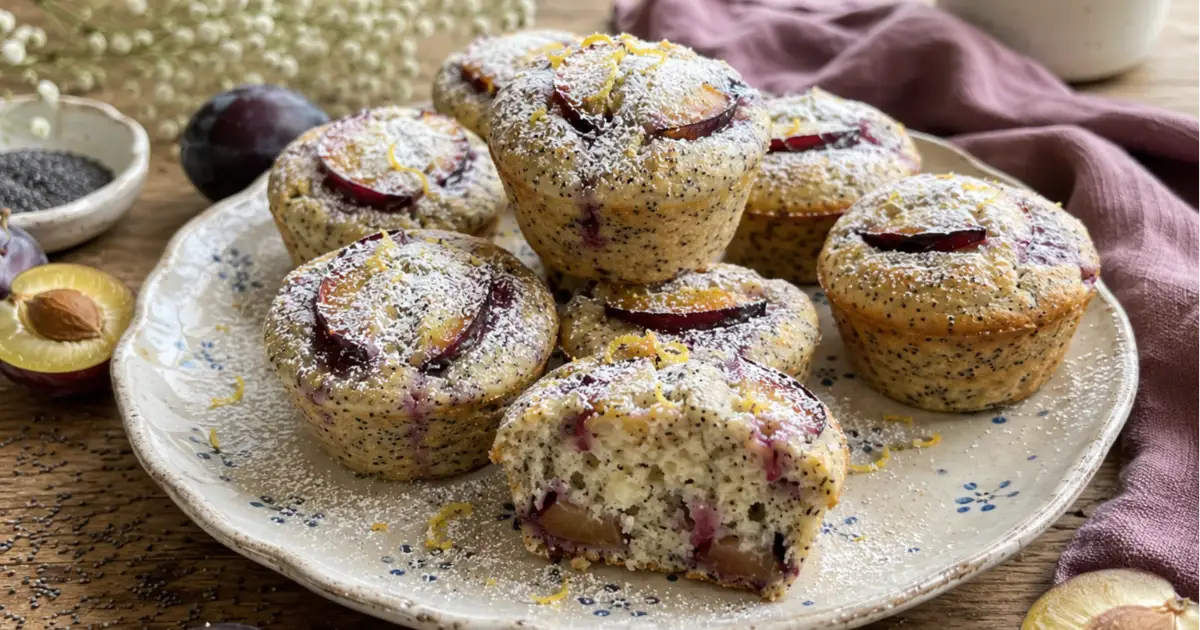 Saftige Zwetschgen-Mohn-Muffins mit Quark und sichtbaren Zwetschgenspalten auf einem hellen Keramikteller.